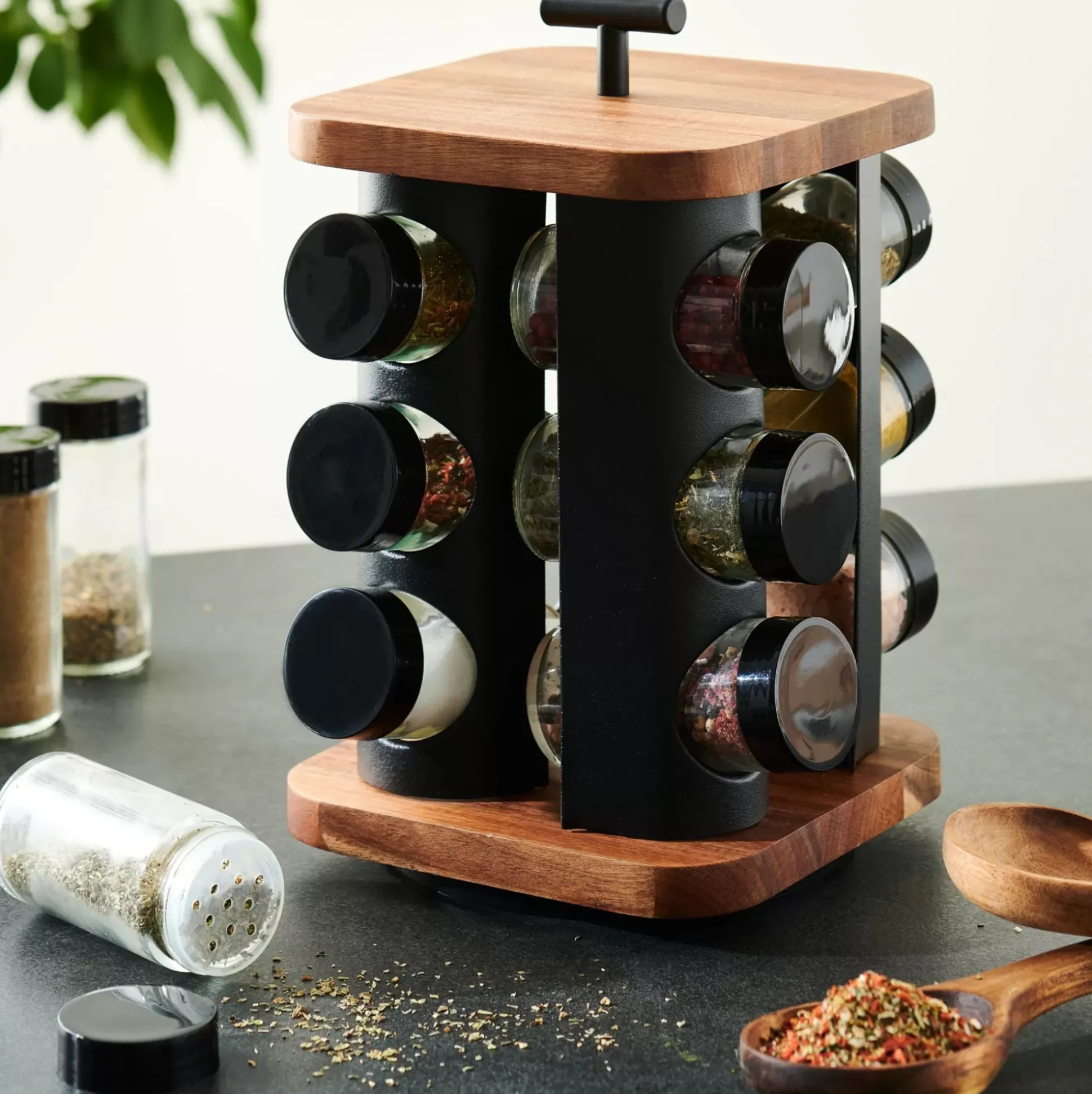 Tarros De Hierbas<CASA Acacia Lux Carrusel De Hierbas 12 Botes Rotacion De 360° Negro, Natural